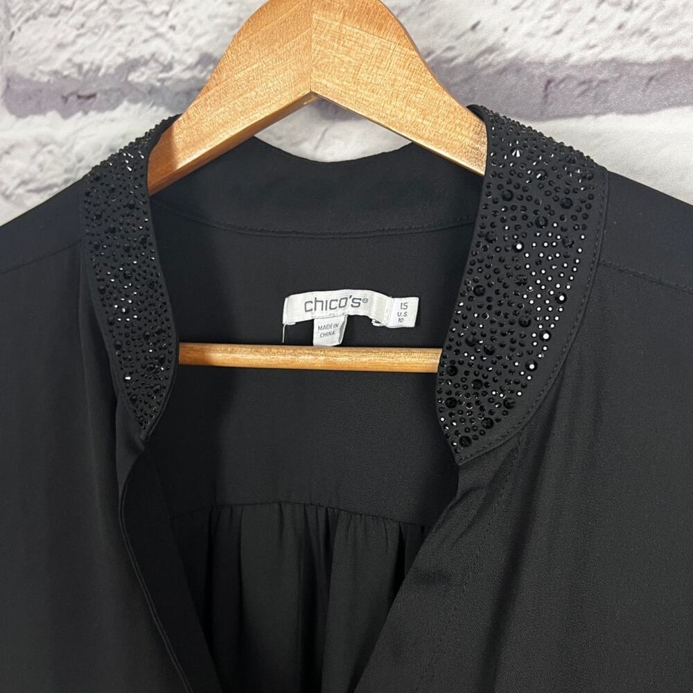 Chico's‎ Womens M Dark Academia Corporate Office Siren Rhinestone Collar Top - Picture 7 of 12